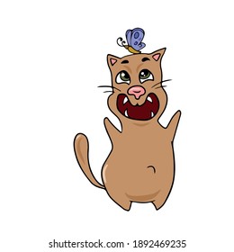 A cat with a butterfly on its head.Vector children's design on a white isolated background, for postcard banners.Sticker
