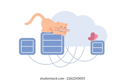 Cat and butterfly on servers flat illustration