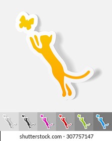 cat and butterfly paper sticker with shadow. Vector illustration