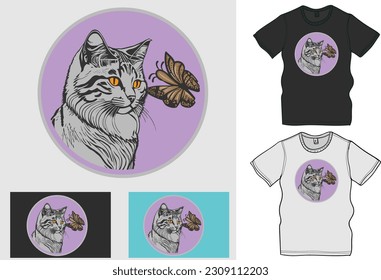 Katzen- und Schmetterlingsvektorkunst für den Druckartikel,