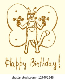 Cat with butterfly wings, vector Birthday card
