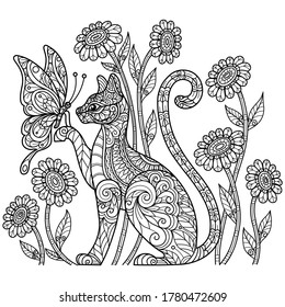 Cat And Butterfly.
Zentangle Stylized Cartoon Isolated On White Background. 
Hand Drawn Sketch Illustration For Adult Coloring Book. 
