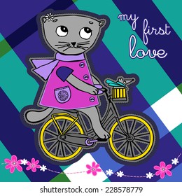 Cat by bicycle checkered