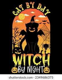 Cat By Day Witch By Night Halloween T-shirt Design