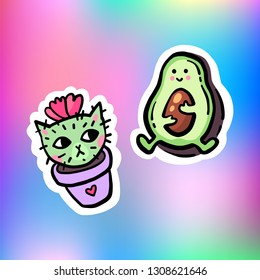 Cat cactus and avocado sticker. Blooming cactus kitten. Cute succulent. Cute avocado half. Healthy vegetarian food. Funny sticker. Isolated on holographic background.