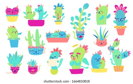 Cat cactus funny set. Cute cacti vector illustration