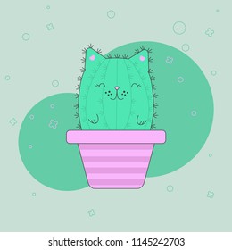 cat, cactus, green, vector, funny, cartoon, child drawing