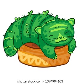 Cat cactus lies in a flower pot. Vector cartoon illustration. It can be used for sticker, patch, phone case, poster, mug and other design