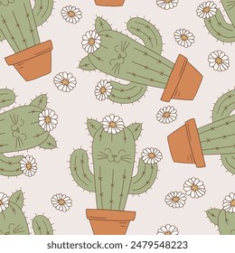 Patrón sin fisuras de Vector de cactus de gato. Fondo de gato Howdy. 