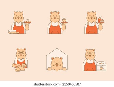 cat cafe colorline character design with persian cat barista, waiter, coffee cafe vector illustration