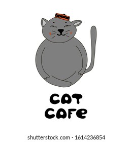 cat cafe concept. vector illustration. fat cute cat in an Oriental cap with an inscription.