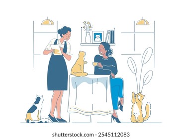 Concepto de cafetería de gato. Mujer con gatito en la mesa sentada en la cafetería o catering. Comodidad y comodidad. Cuidar de los animales domésticos. Ilustración vectorial lineal aislada sobre fondo blanco