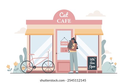 Concepto de cafetería de gato. Mujer con gatito en sus manos se para cerca de la cafetería y el catering. Comodidad y comodidad. Cuidar de los animales domésticos. Ilustración vectorial plana aislada sobre fondo blanco