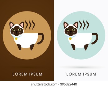 Cat cafe, cup Siamese cat, graphic vector.