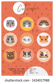Cat cafe faces or heads poster vector illustration. Cartoon animal happy muzzles. Cat cafe advertisement for banner, flyer, invitation, brochure beautiful pets. Contact info.