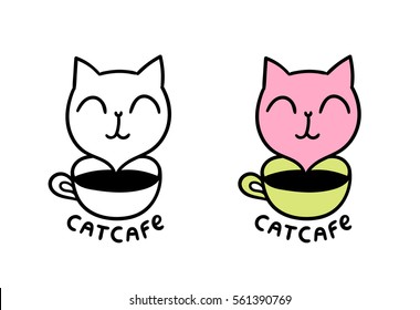 Cat Cafe Logo. Adorable Funny Kitten. 