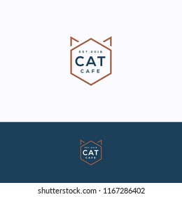 Cat cafe logo. Animal copper blue logotype. Cafe flat template