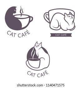 Cat Cafe Logo. Vector illustration of cat and coffee cup. 