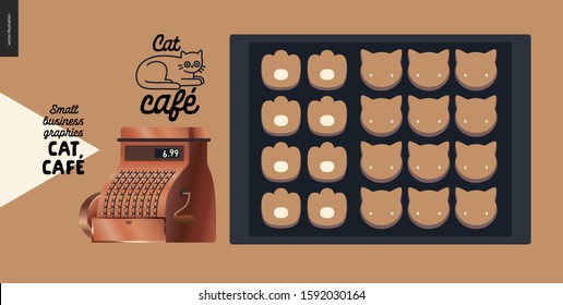 Cat cafe -small business graphics -cat shape cookies. Modern flat vector concept illustrations - cafe logo, black bake sheet with cookies in shape of cat heads and paws, cash register