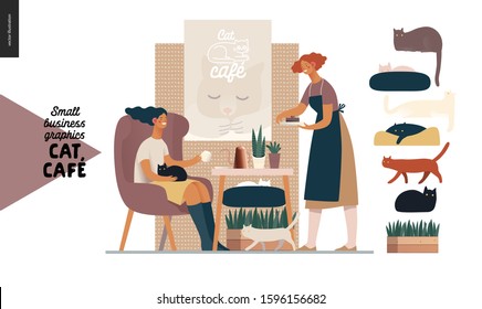 Cat cafe -small business graphics -visitor and waitress. Modern flat vector concept illustrations - young woman petting a cat at the table inside the cafe and a waitress bringing a cake. Various cats