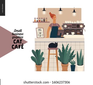 Cat cafe -small business graphics -barista at the counter. Modern flat vector concept illustrations - woman wearing apron at the bar counter, coffee machine, bar stool, interior decoration, plants