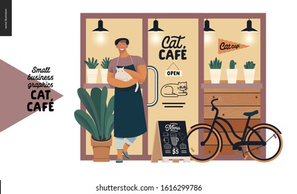 Cat cafe -small business graphics -owner at the shop front. Modern flat vector concept illustrations - man wearing apron and hat petting white cat at the cafe front. Shop entrance and facade, bicycle