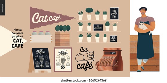 Cat cafe -small business graphics -owner and shop elements. Modern flat vector concept illustrations - man wearing apron petting a cat at the wooden counter, interior decoration, cash register