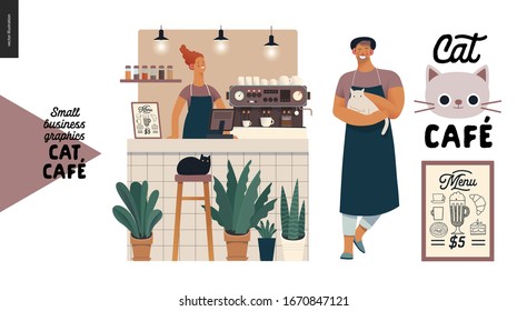 Cat cafe -small business graphics -owner and shop elements. Modern flat vector concept illustrations - man wearing apron petting a cat, interior decoration, logo, menu, barista at the counter