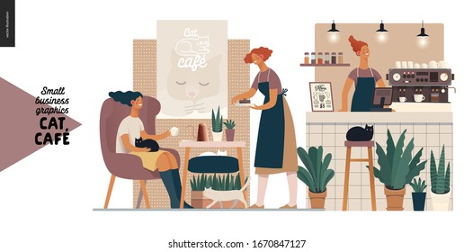 Cat cafe -small business graphics -visitor and waitress. Modern flat vector concept illustrations - young woman petting a cat at the table inside the cafe and waitress bringing cake. Barista, counter
