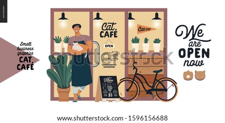 Cat cafe -small business graphics -owner at the shop front. Modern flat vector concept illustrations - man wearing apron and hat petting white cat at the cafe front. Shop entrance and facade, bicycle