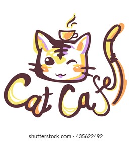 Cat Cafe. Vector Hand-drawn Color Logo/Linear image muzzle cats with a cup on his head and lettering. Sketch style. Brown, yellow, orange, purple, white color