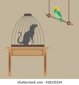 Cat in a cage, a bird in the room