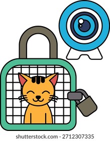 A cat is in a cage with a camera and a lock. The cat is smiling and he is happy