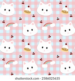 Cat, cake, rainbow, cherry on pink background, fabric pattern, wrapping paper, notebook cover, phone case , seamless pattern 