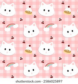 Cat, cake, rainbow, cherry on pink background, fabric pattern, wrapping paper, notebook cover, phone case , seamless pattern 