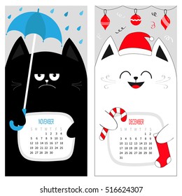 Cat calendar 2017. Cute funny cartoon character set. November December autumn winter month. Rain umbrella Santa red hat Hanging Merry Christmas ball sock Candy cane. Flat design Gray background Vector