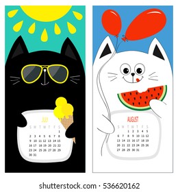 Cat calendar 2017. Cute funny cartoon white black character set. July August hello summer month. Ice cream, yellow sun shining sunglasses. Red balloon, watermelon. Flat design Color background Vector