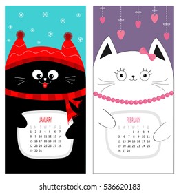 Cat calendar 2017. Cute funny cartoon character set. January February winter month. Snow flake, red hat, scarf. Hanging pink heart, bow, bead. Happy Valentines day Flat design Color background. Vector