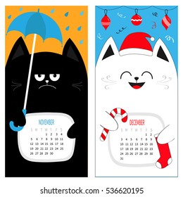 Cat calendar 2017. Cute funny cartoon character set November December autumn winter month. Rain umbrella Santa red hat Hanging Merry Christmas ball sock Candy cane Flat design Color background Vector