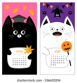 Cat calendar 2017. Cute funny cartoon character set. September October autumn month Orange leaf Graduation hat Academic Cap Bat spider, flag pumpkin candy Happy Halloween Flat Color background Vector