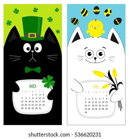 Cat calendar 2017. Cute funny cartoon character set. March April spring month. Green hat tye bow chicken egg. Clover leaf, tulip flower. Happy Patricks day Easter Flat design Color background. Vector
