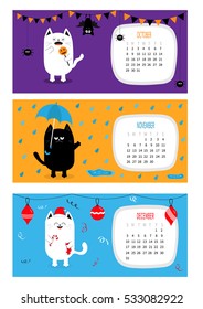 Cat calendar 2017 horizontal. Cute funny cartoon character set. October November December month. Rain umbrella Santa hat Merry Christmas ball sock Candy cane Bat spider pumpkin. Halloween Flat Vector