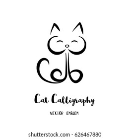 Cat calligraphy emblem. Vector abstract animal sign in lettering style
