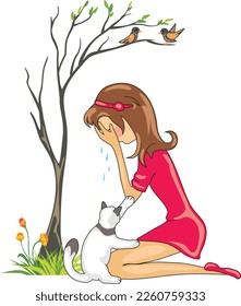 Cat calms a crying girl. Vector