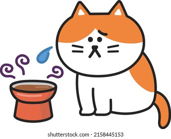 A cat can not eat expired wet food on the elevated cat bowl. Vector illustration isolated on white background.