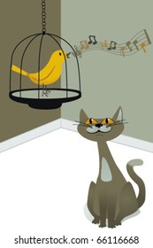Cat and Canary Cartoon Vector with copy space