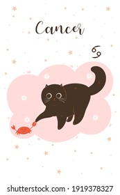 Cat cancer in cartoon style. Postcard with zodiac sign. Vector graphics.