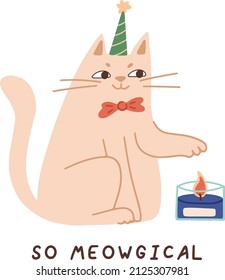 Cat and candle happy birthday or halloween celebration. A cat in a magician's cap sits and holds a paw on a flame. Magic poster or print. Flat vector cartoon illustration