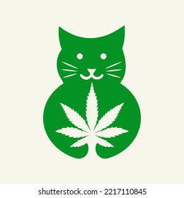 Plantilla de vectores de concepto de espacio negativo con logotipo de cannabis de gato. Símbolo de marihuana que sostiene gato