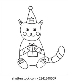 Cat in cap with gift on white. Vector isolated image for use in children's coloring book or web design